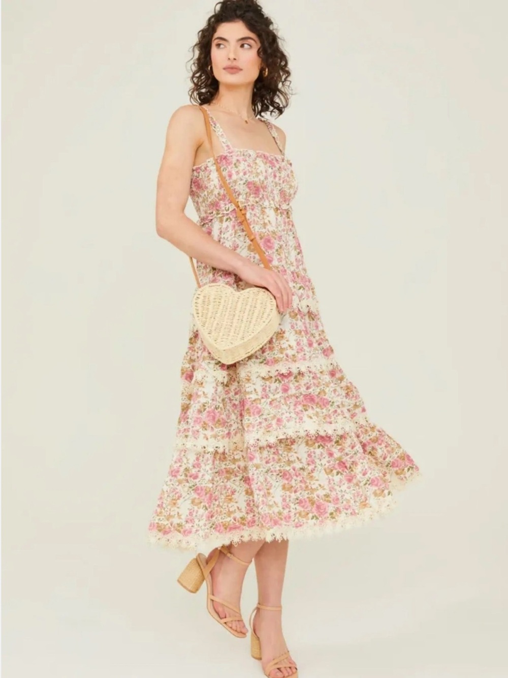 Altar’d State Cream and Pink Rose Floral
Tiered Crochet Lace Midi Dress L